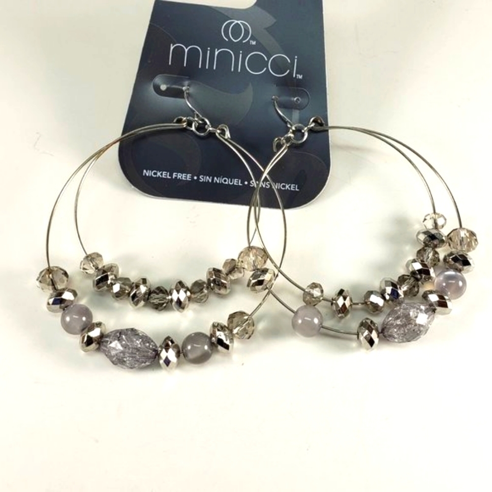 Women's Stylish Silver-tone Gray Double Hoops Beaded 3" Drop Dangle Earrings